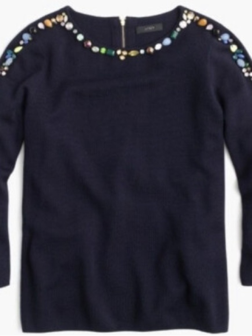 J. Crew Navy Sweater with Multicolor Jewel Trim